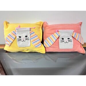 Easter Bunny Terrycloth Pillow Set of 2 Yellow Pink Drawstring Pouch 13x11 in